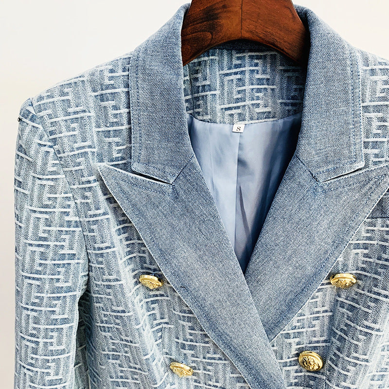Plus Size Slim Double Breasted Lion Buckle Maze Jacquard Denim Blazer