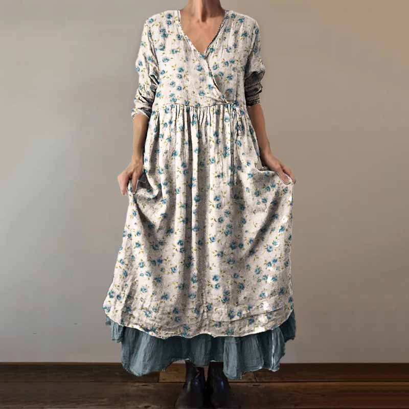 Cottage Roses Floral Pleated Wrap V Neck Maxi Dress
