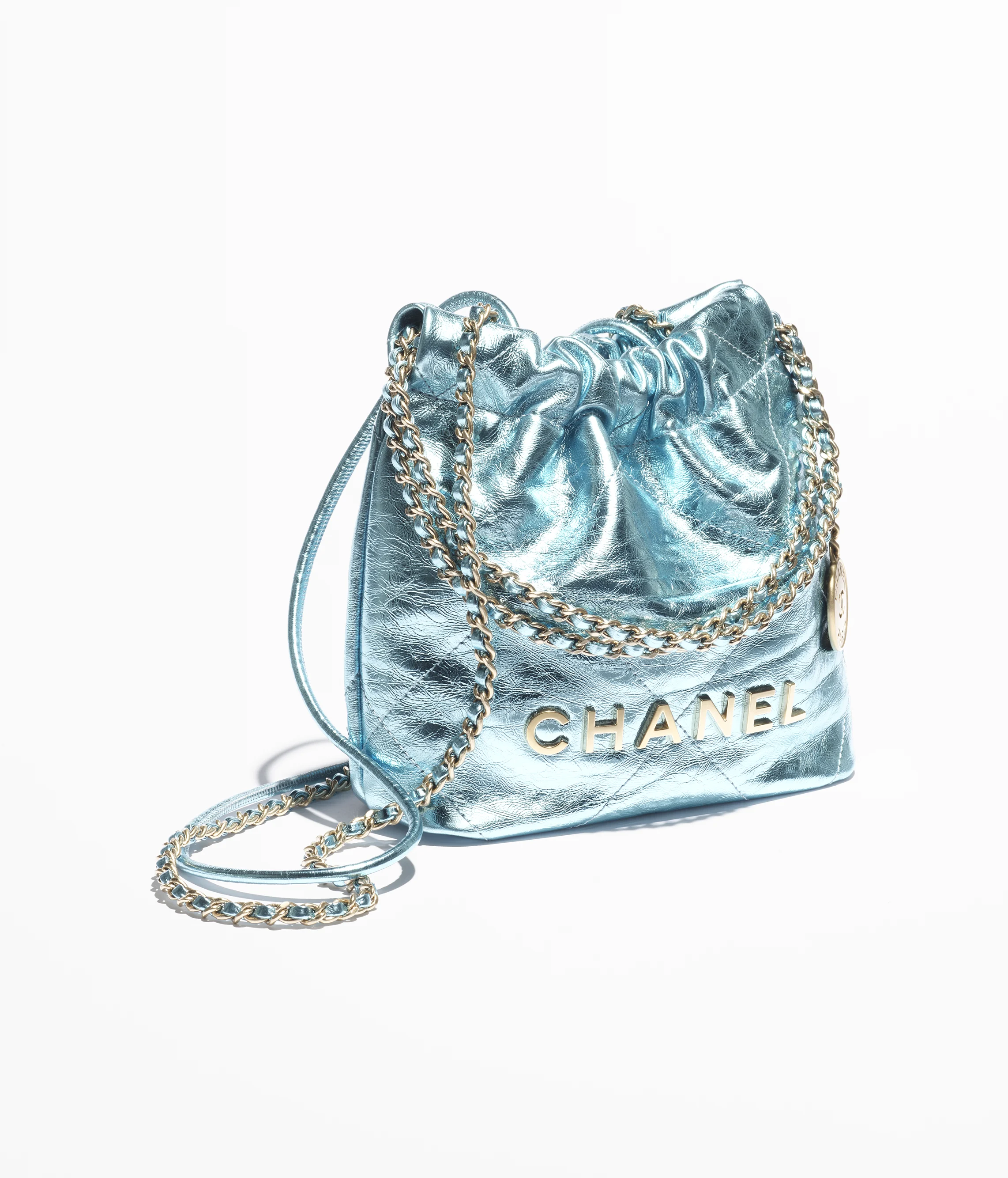 CHANEL 22 Mini Handbag Metallic Calfskin & Gold Metal Light Blue AS3980-B18806-NABKB