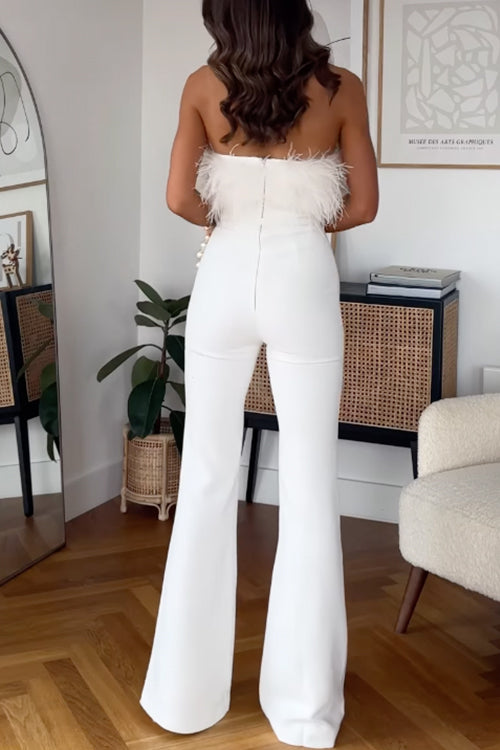 Heididress Strapless Feather Tube Top Flare Bottoms Jumpsuit