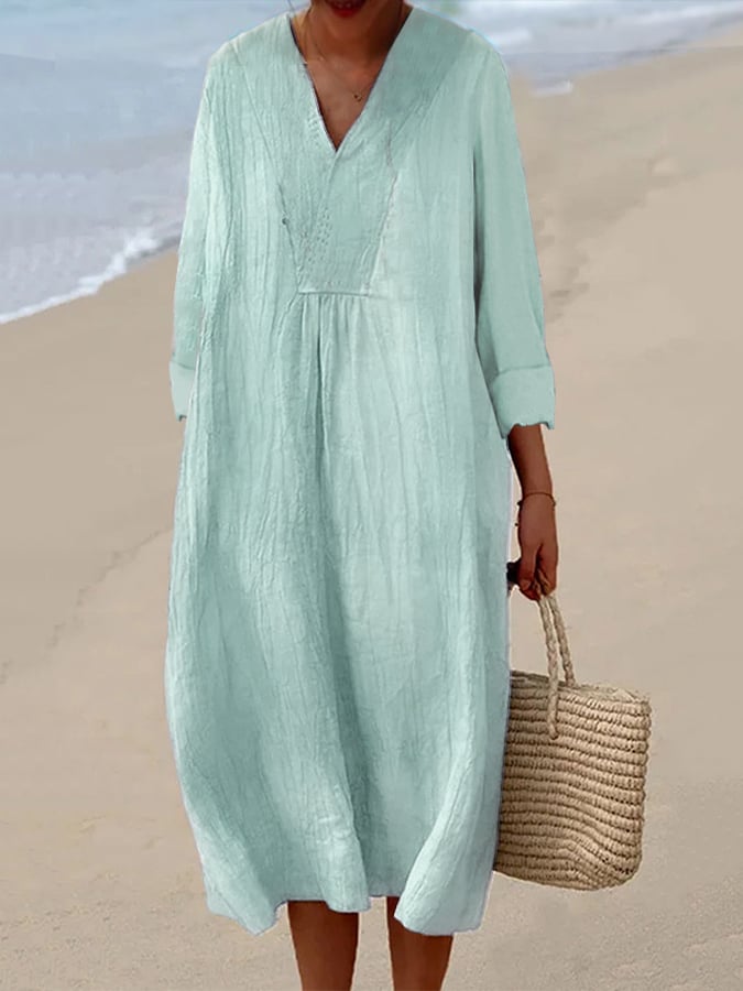 Women's Casual Cotton And Linen Long Sleeve Dress