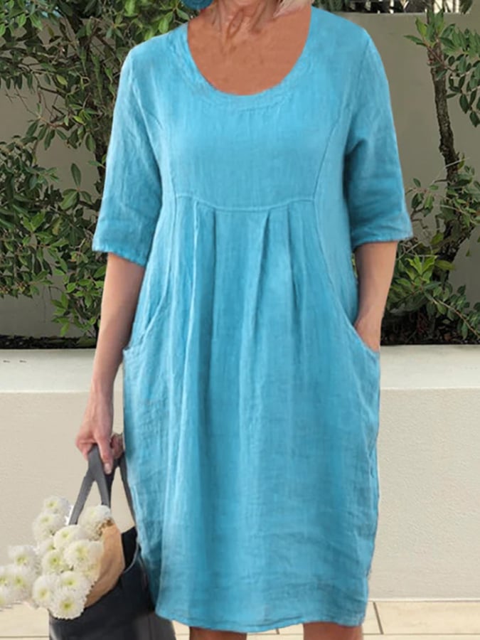 Women's Casual Loose Round Neck Short Sleeve Cotton And Linen Dress
