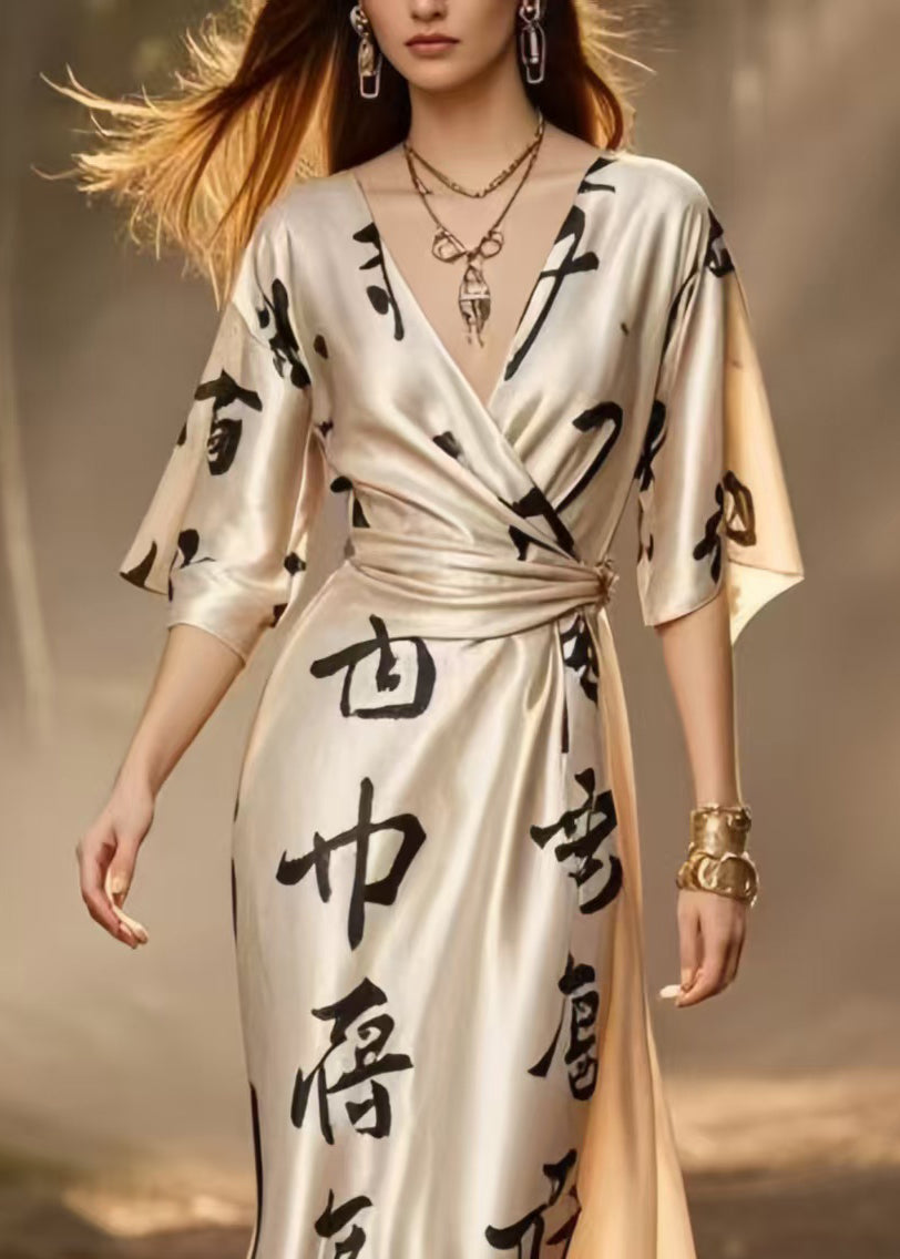 Elegant Champagne Print Draping Silk Cinched Dress Summer