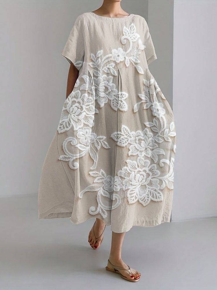 Women's Casual Vintage Floral Cotton and Linen Dress