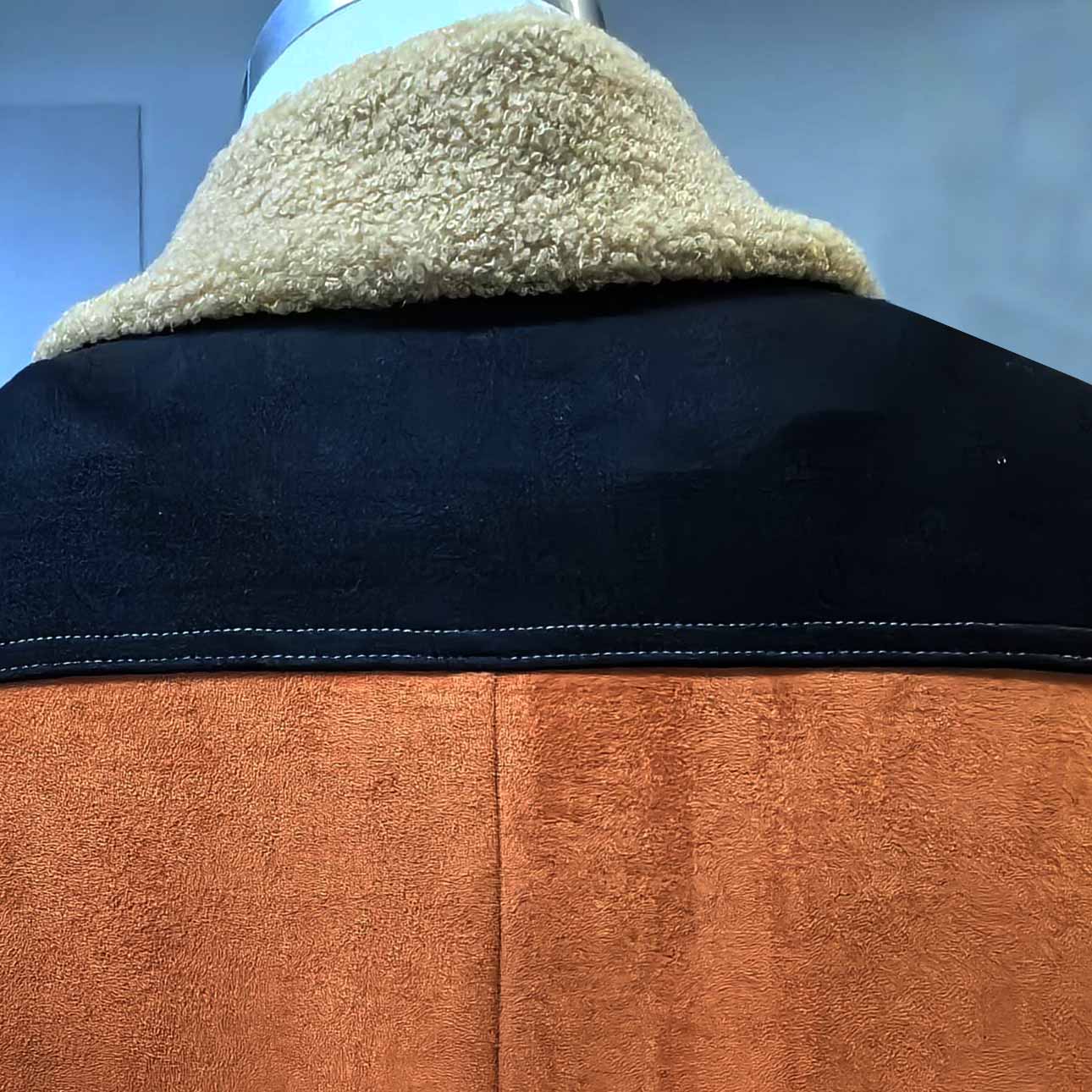 Men's Vintage Suede Brown Black Color Block Lapel Shearling Jacket Coat