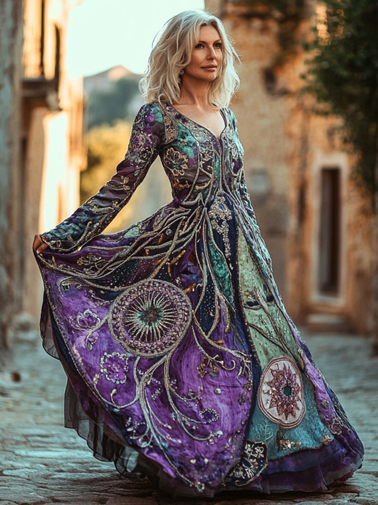 Vintage Star And Sun Embroidery Cotton Linen V Neck Mixi Dress
