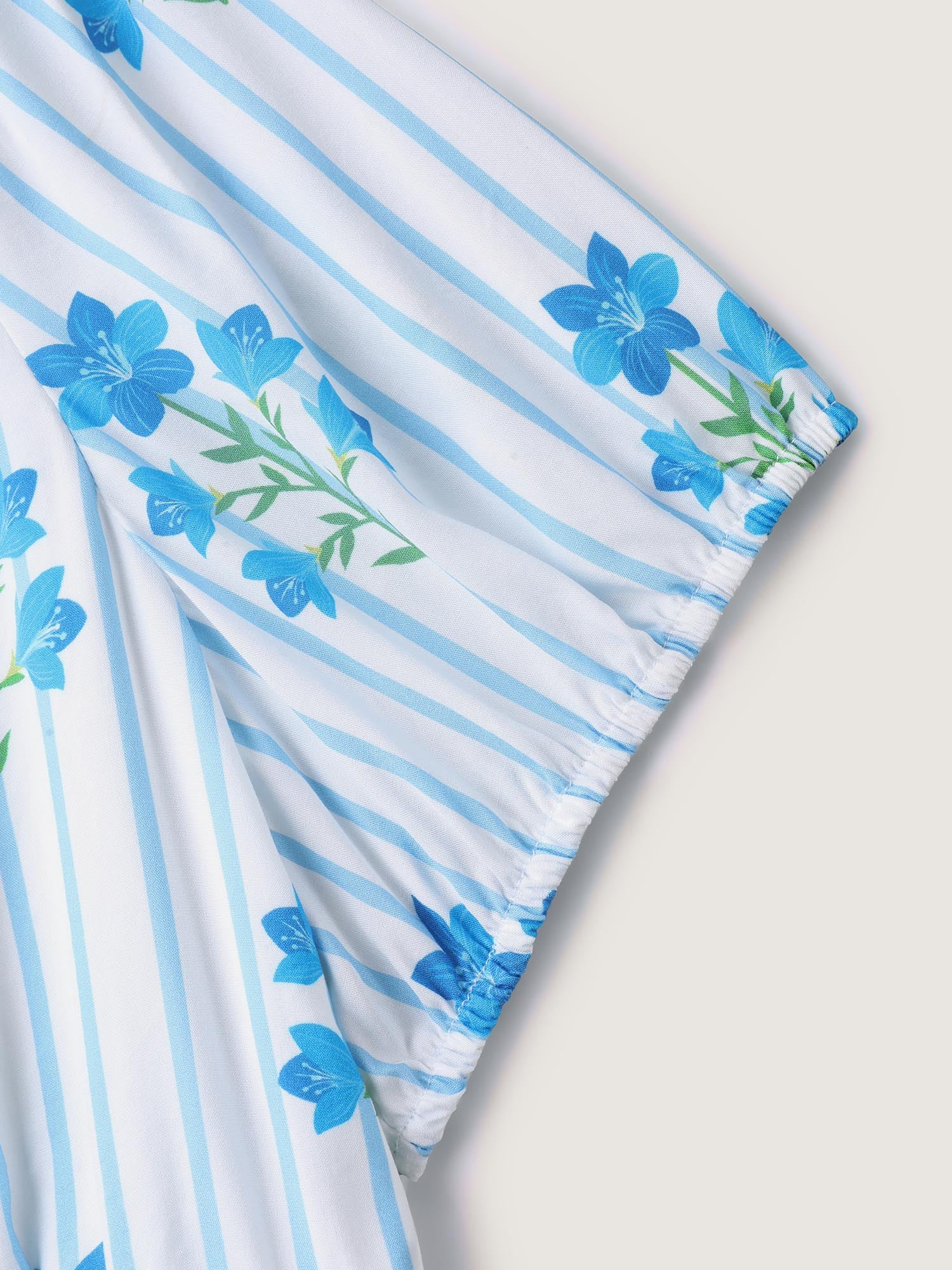 Stripe Floral Notched Neck Tie Midi Dress