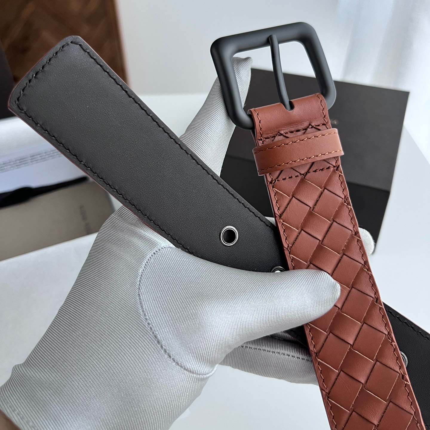 Bottega Veneta intreccio woven cowhide double-sided belt 3.5cm wide