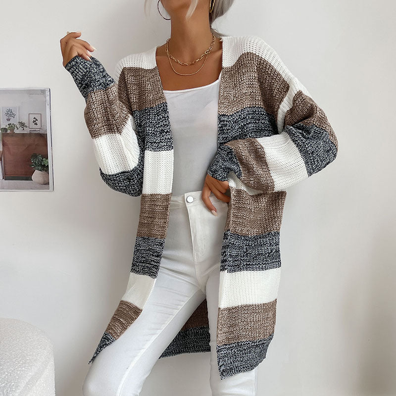 Graceful and Fashionable Women's Colorblock Sweater Coat without Buttons