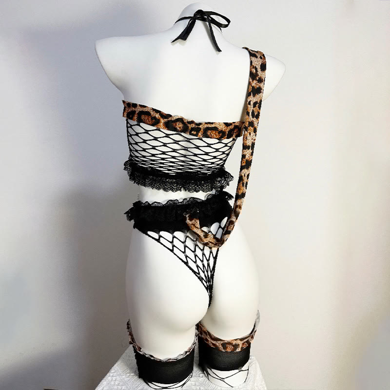 Hollow Out See-through Leopard Print Bikini Lingerie Set
