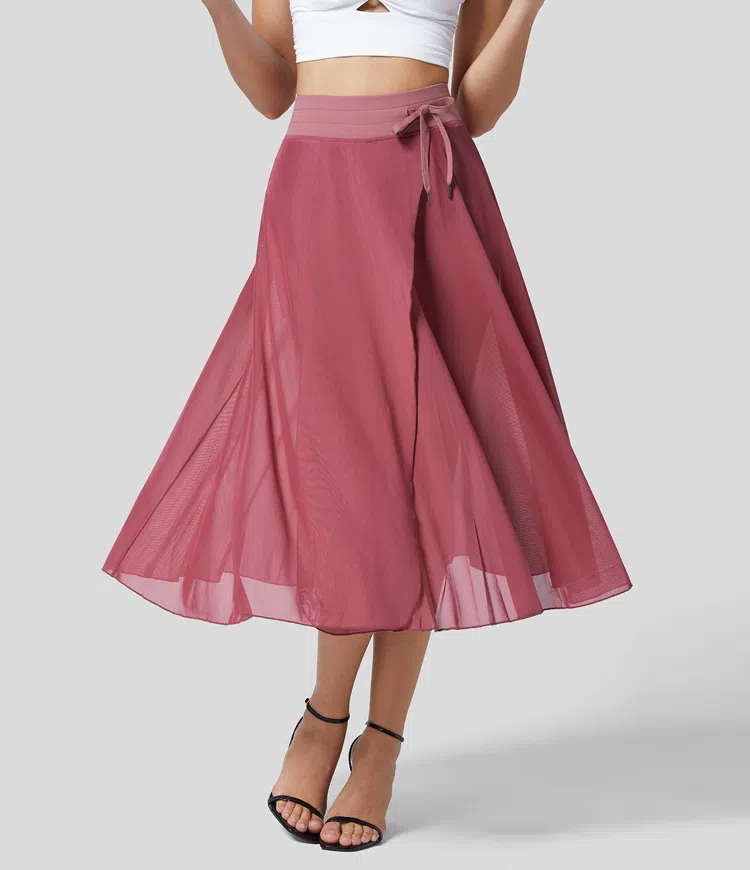 ON SALE🔥High Waisted Drawstring Contrast Mesh 2-in-1 Side Pocket Flowy Midi Flare Casual Skirt