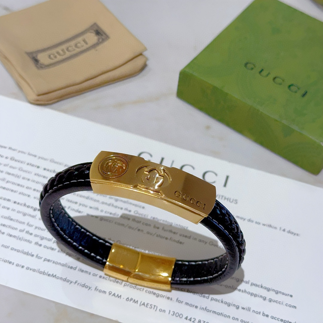 Gucci Braided Black Leather Gold GG Bracelet