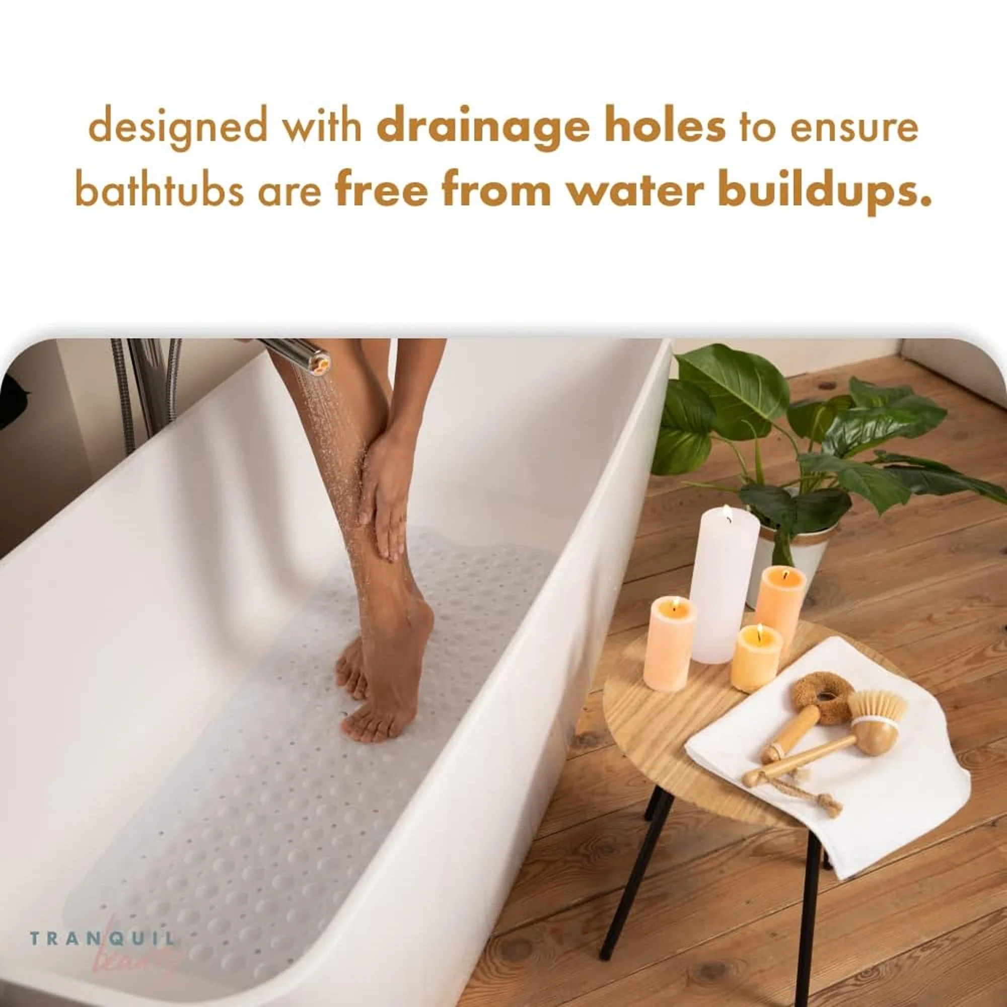TranquilBeauty Extra Long Non-Slip Bath Mat with Suction Cups, White, 16x40 Inches