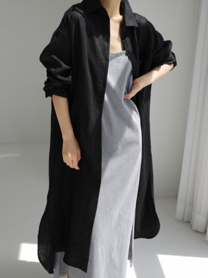 Women's Solid Color Single-Breasted Mid-Length Loose Cotton And Linen Casual Dress