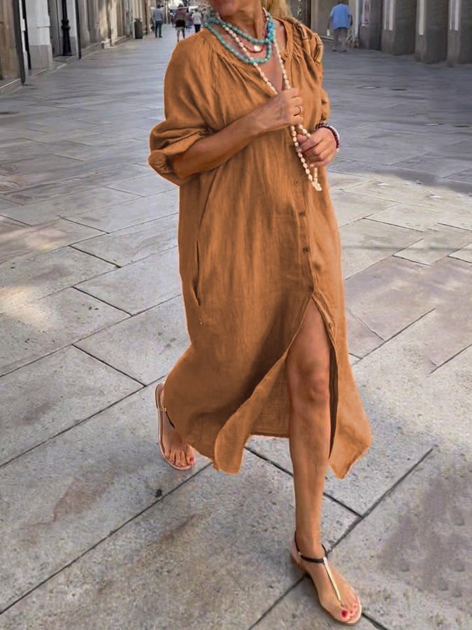 Women'S Cotton Linen Button Solid Dress