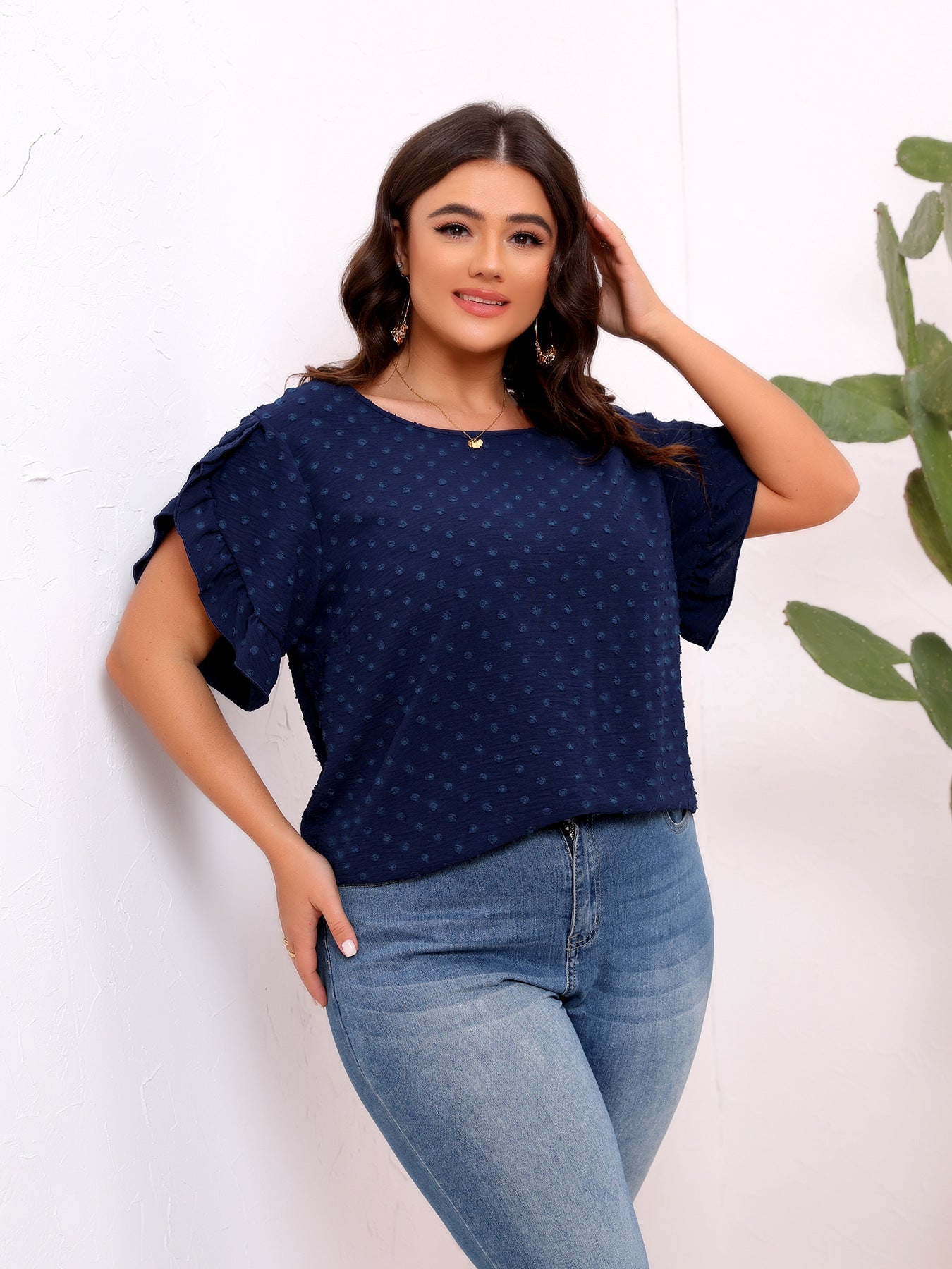 Plus Size Women Ruffle Sleeve round Neck Short Sleeve Shirt