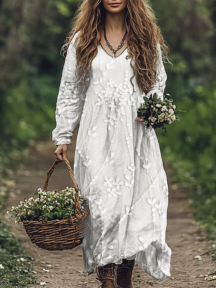 Classy Floral Embroidered Lace Linen Blend Flowy Maxi Dress