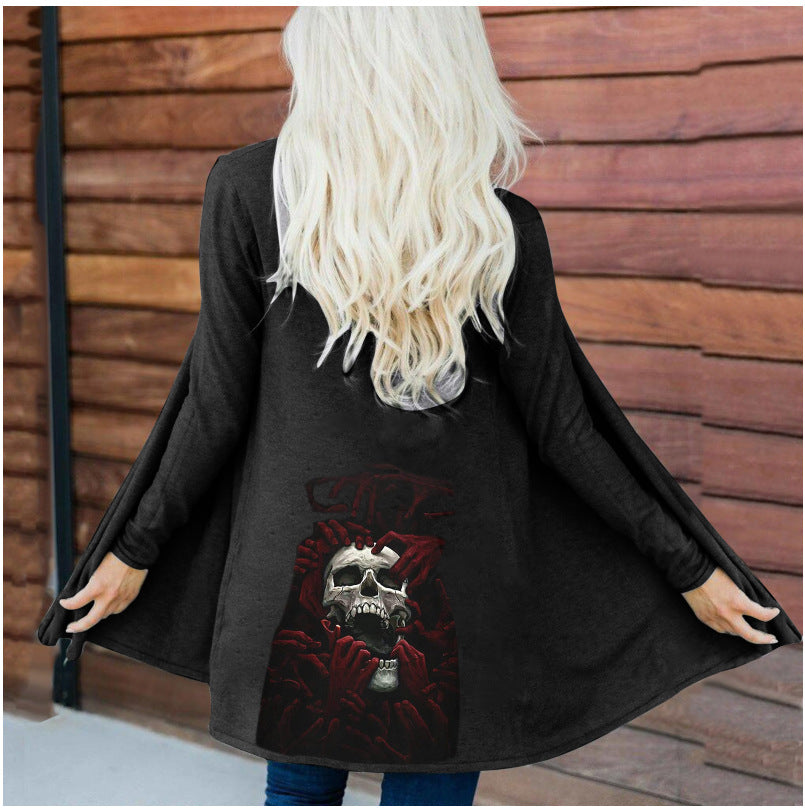 Women's Fashion Long Sleeve Cardigan Coat Top with Halloween Skull Print