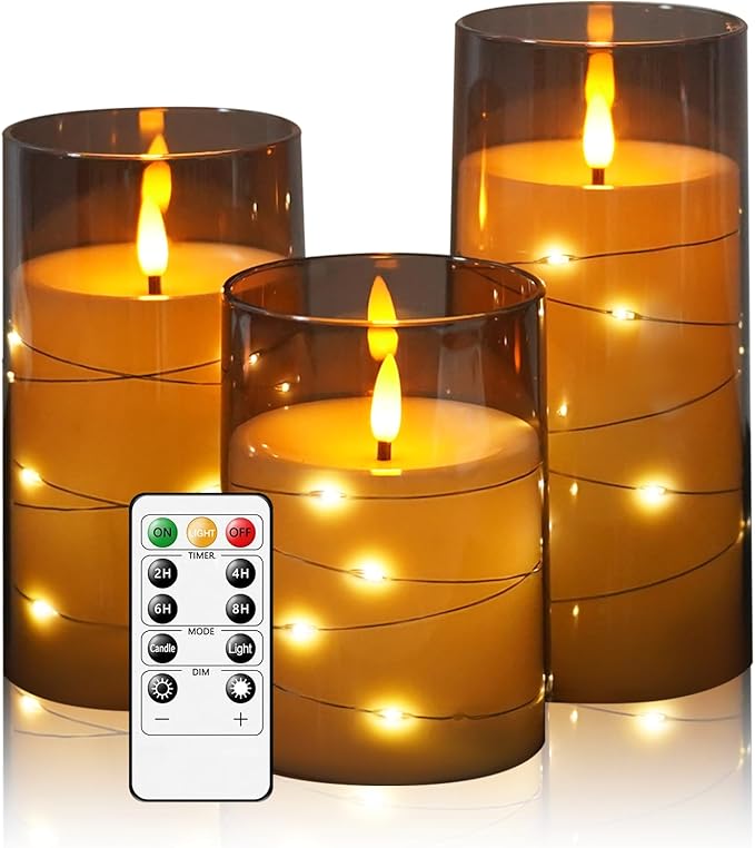 🕯️🕯️LED Candles With Embedded String Lights - (3-Piece Flameless Set)