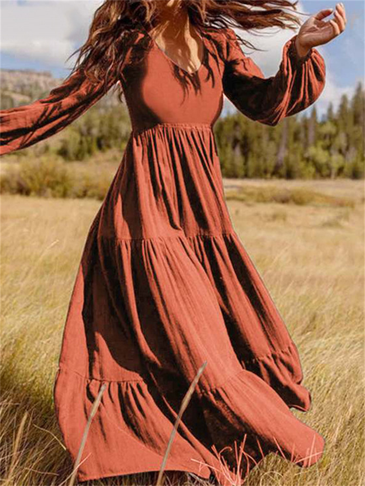 Vintage Puff Sleeve Pleated Tiered Maxi Dress