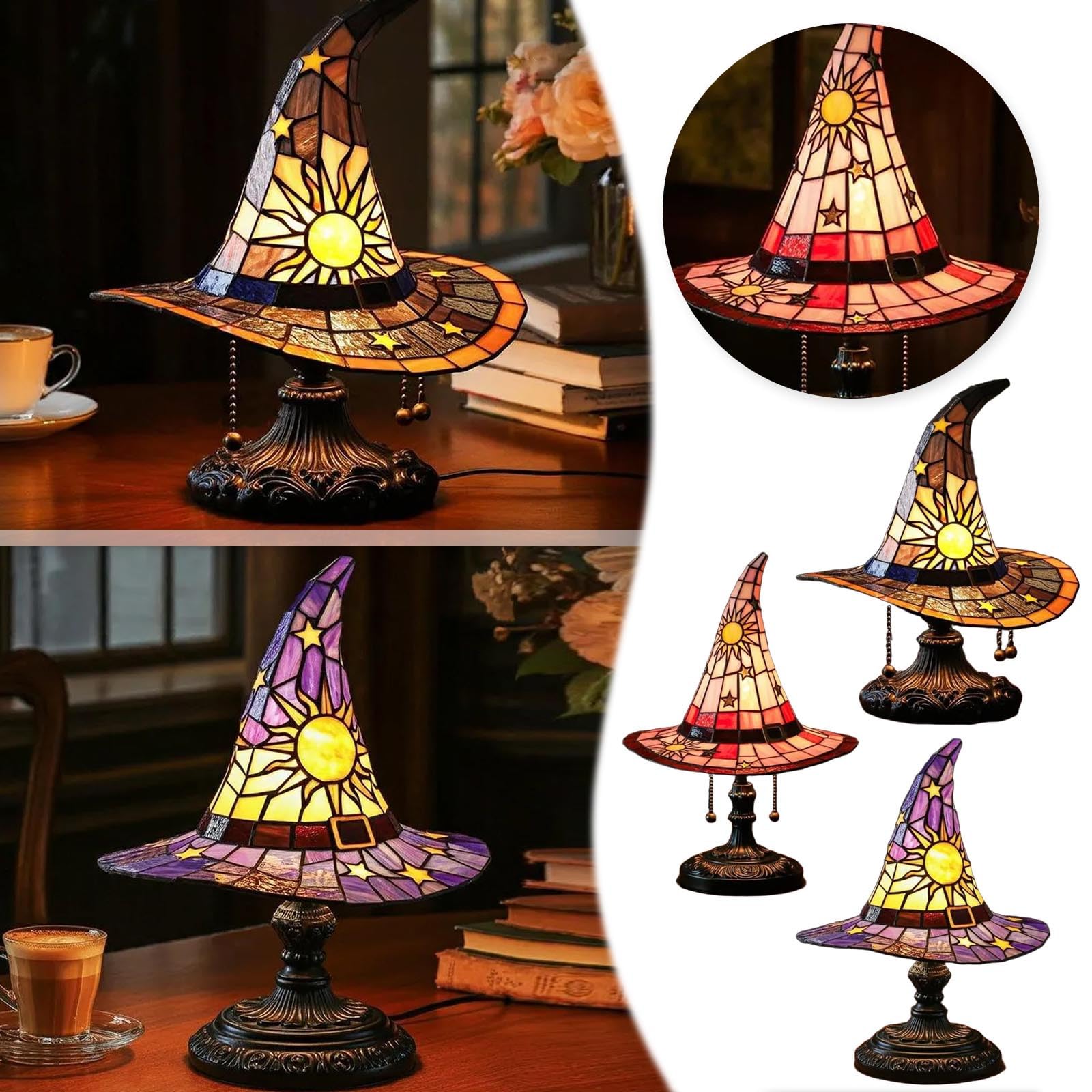 💥ON SALE💥- 🍂🧙‍♀️ Autumn Stained Glass Witch Hat Lamp ✨🕯️