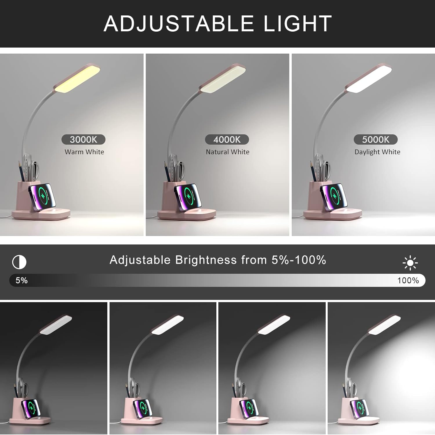 Desk Lamp with Wireless Charger, LED Desk Lamps for Home Office, 800 Lumens, Small Desk Lamp with Pen Holder, Flexible Arm, 3 Modes, Dimming, Touch Lamp for College Dorm Room