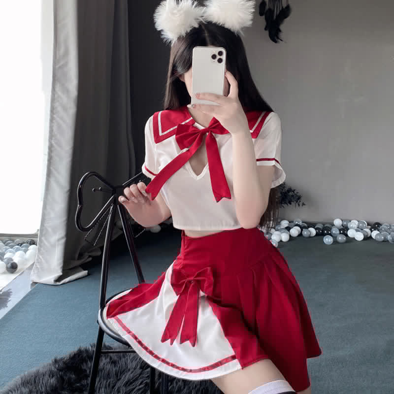 Hollow Out Bowknot JK Uniform Lingerie Stockings Set