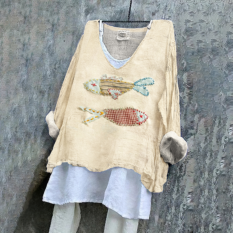 Women's Japanese Style Stitched Fish Art Pattern Vintage Linen Shirt