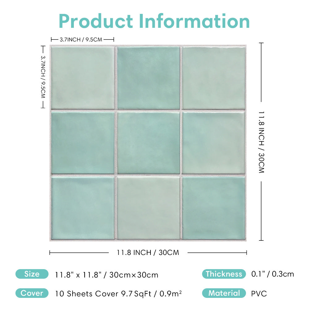 3D Light Teal Green Ceramic Square Peel and Stick Wall Tile