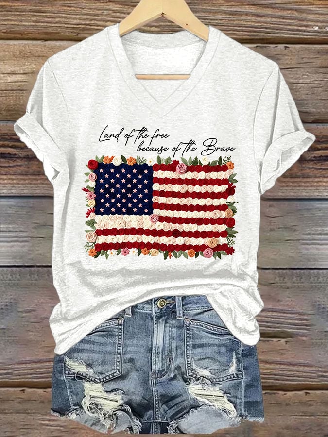 V-Neck Retro Independence Day Land Of The Free Because Of The Brave Print T-Shirt