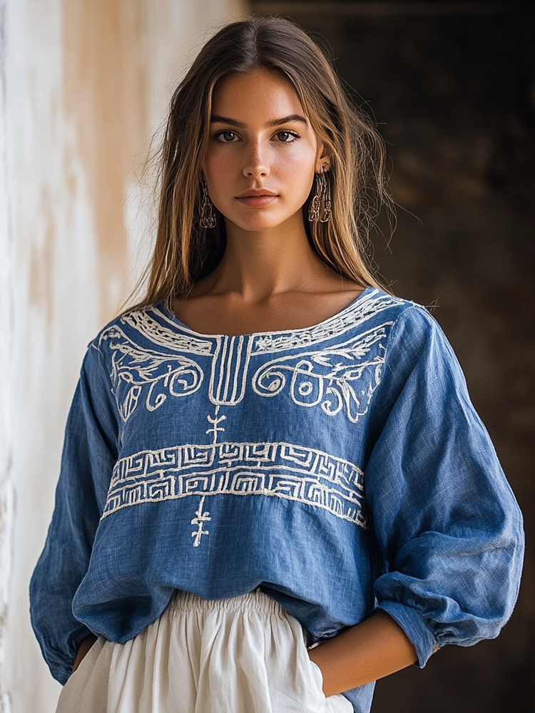 Vintage Greek Key Motif Cretan Embroidery Linen Blend T-shirt