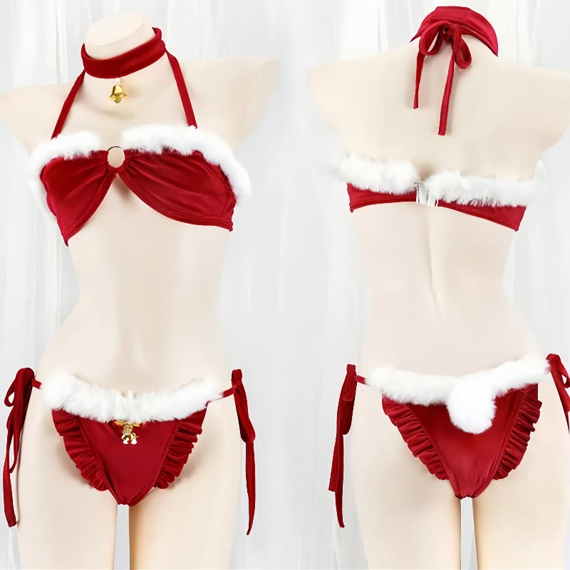 Velvet Bell Fuzzy Ball Bikini Lingerie Set