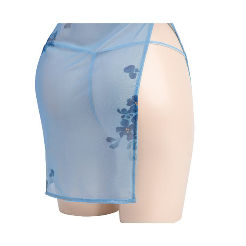 Vintage Flower Print See-through High Waist Slit Cheongsam Lingerie