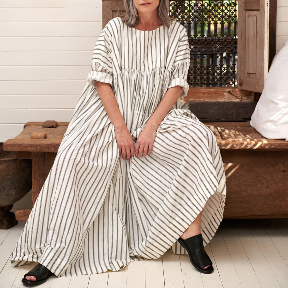 Comfortable Casual Striped Patchwork Loose Hem Maxi Dress