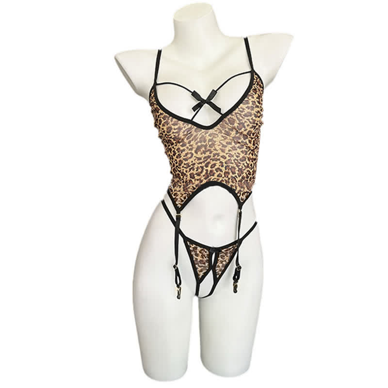 Leopard Print Deep V-neck Hollow Out Sexy Lingerie