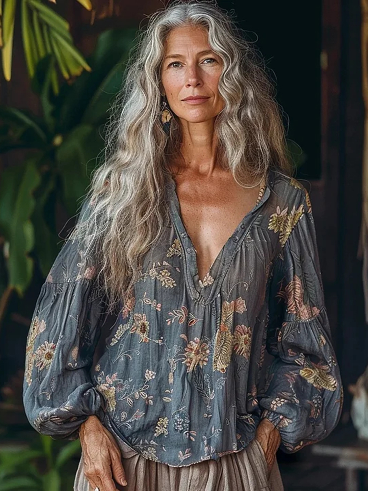 Vintage Bohemian Floral Linen Art Print Long Sleeve V-neck Shirt