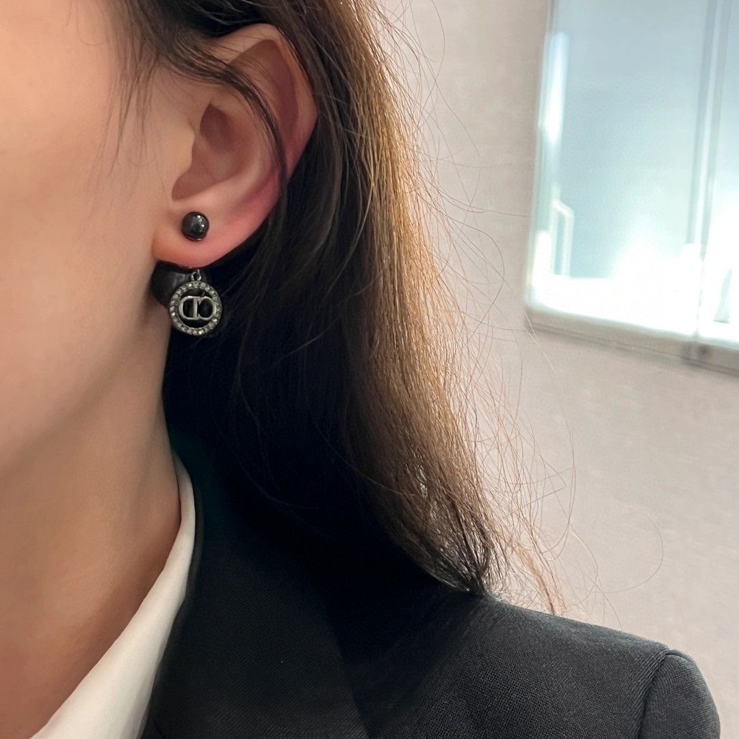 Dior Round Crystal CD Double Ball Pearl Earrings