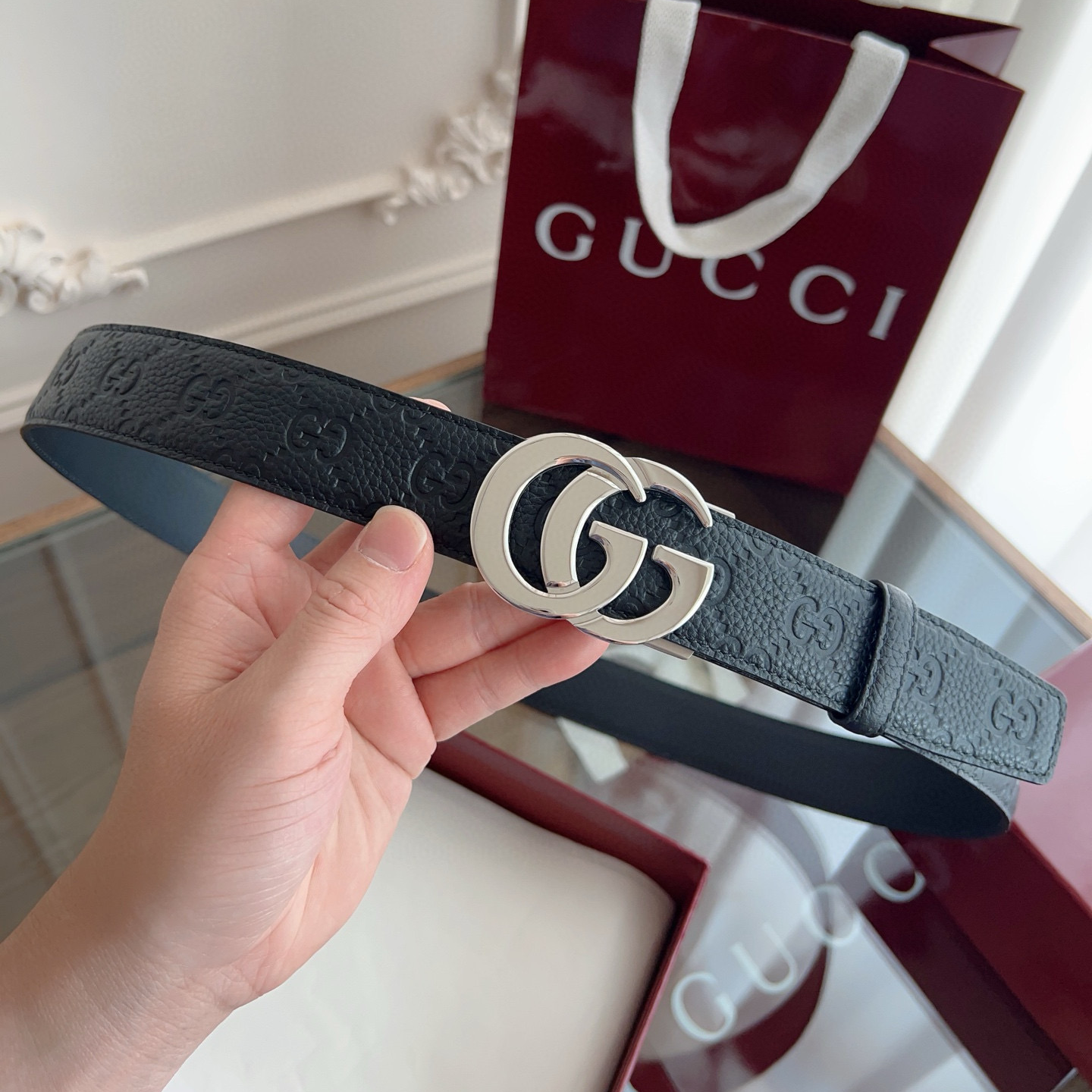 Gucci automatic smooth buckle double-sided cowhide belt width 3.5cm