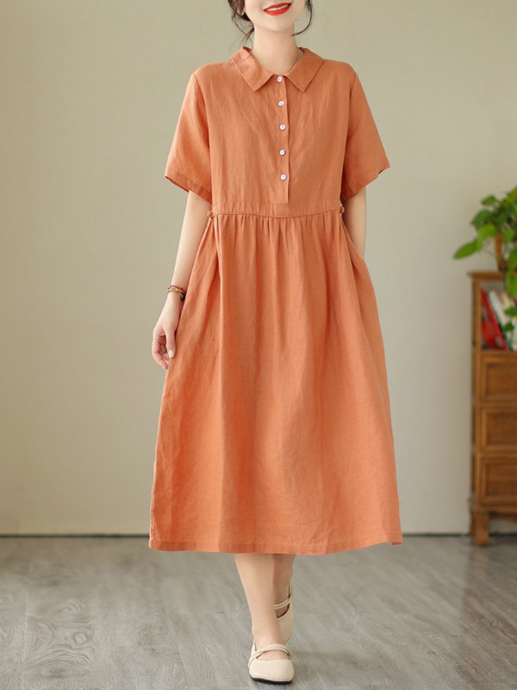 Solid Color Cotton Linen Lapel Midi Dress