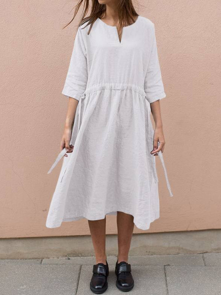 Solid Color Lace-up V Neck Midi Dress