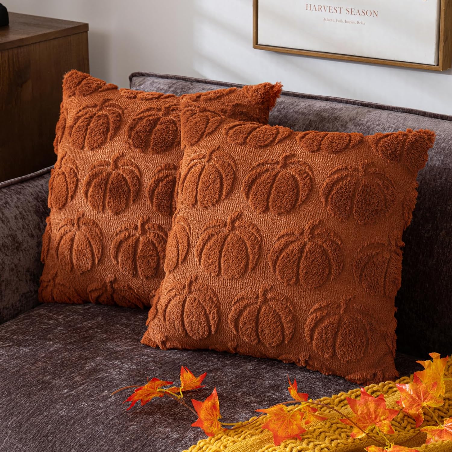 Pumpkin Fall Decorative Throw Pillow Covers, Fluffy Plush Accent Pillow Cases