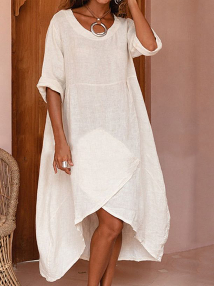 Solid Round Neck Casual Loose Midi Dress