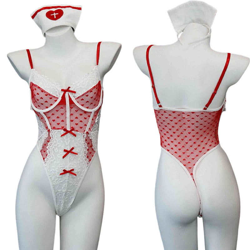 Sexy Cosplay Nurse Uniform See-through Bow Jumpsuit Lingerie Set
