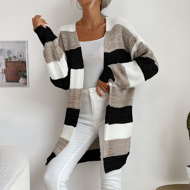 Graceful and Fashionable Women's Colorblock Sweater Coat without Buttons