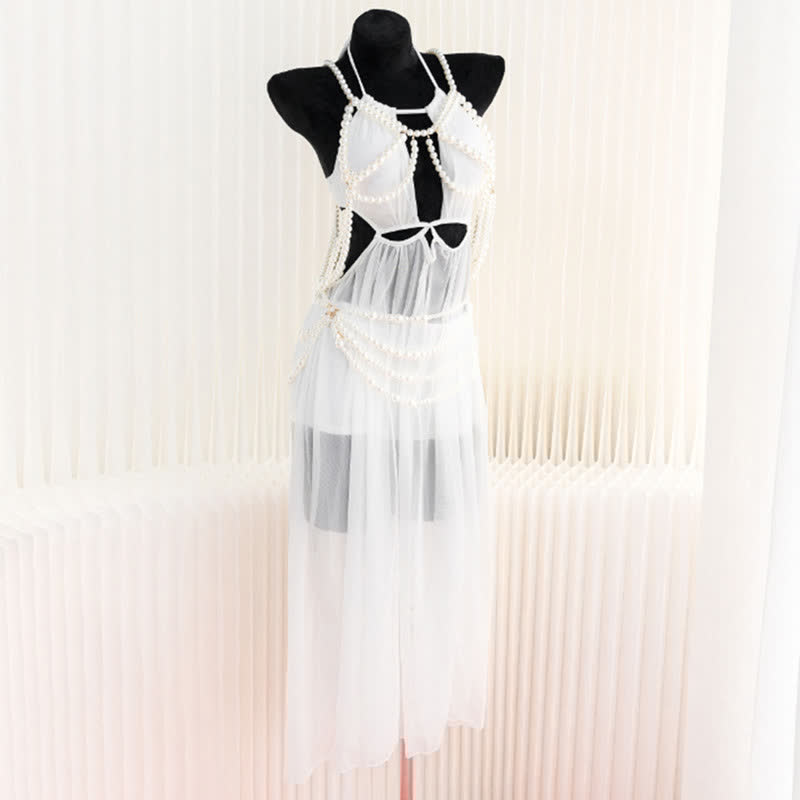 Hollow out See-through Backless Pearl String Slit Lingerie Dress