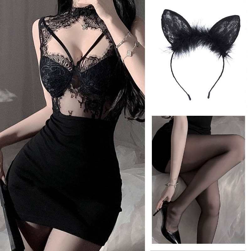 Sexy Lace See-through Hollow Out Lingerie Dress Set