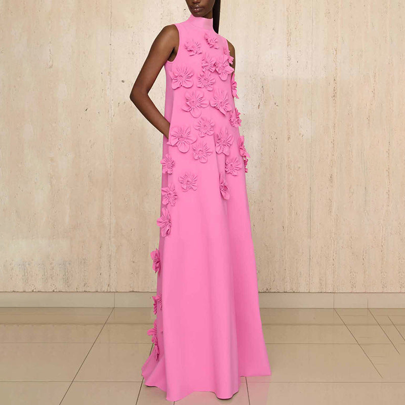 Elegant Elegant Stand Collar Sleeveless Solid Color Dress Three Dimensional Floral Collage Design Maxi Dress