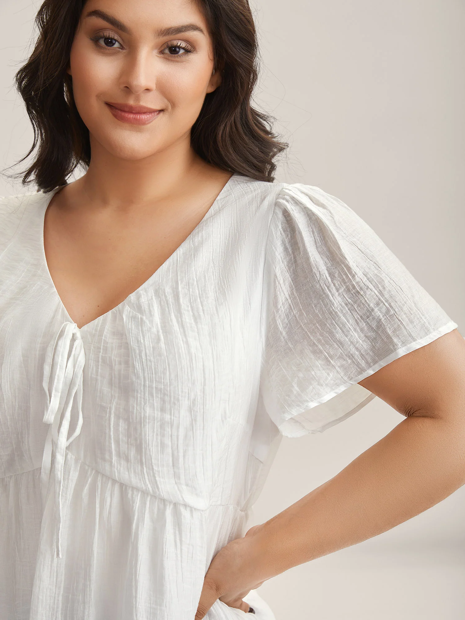 Sheer V-Neck Tie Tiered Blouse