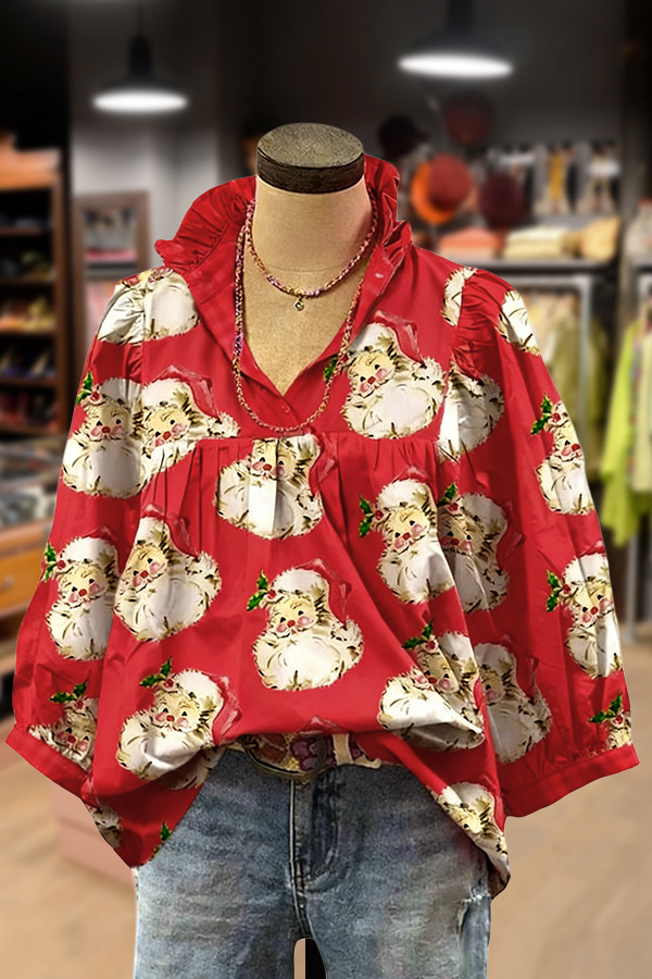 Christmas Santa Print Ruffle V-Neck Blouse