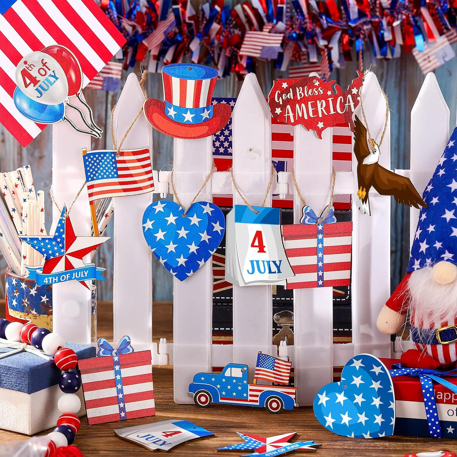 🔥[SAVE 50% OFF]--Independence Day Patriotic Decor-Handmade Double-sided printing Wooden Ornaments with the equipped rope